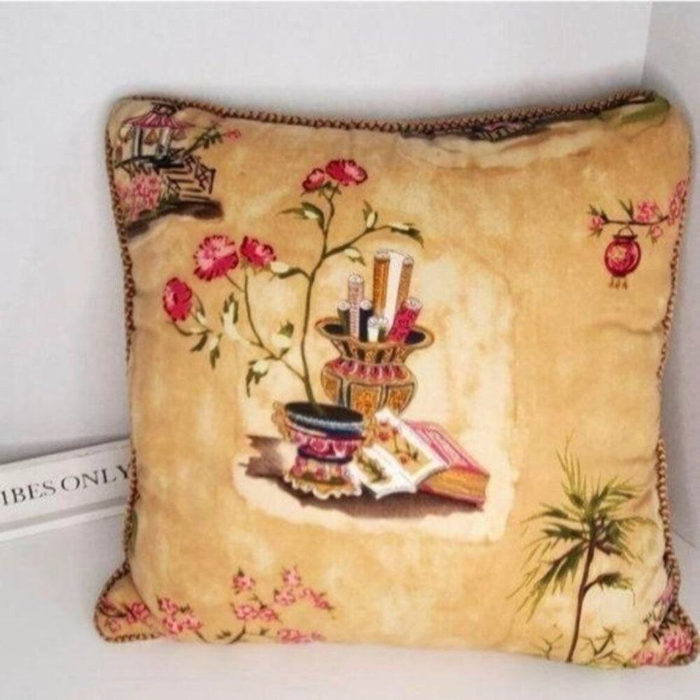 Rose Tree Chinoiserie Throw Pillow Scroll Vase & Pagoda Print Decorative Cushion